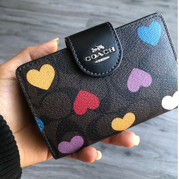 Coach Medium Corner Zip Wallet With Heart Print Brown Multi Color